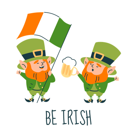 Joyful leprechauns in hat holding flag of Ireland and beer  Illustration