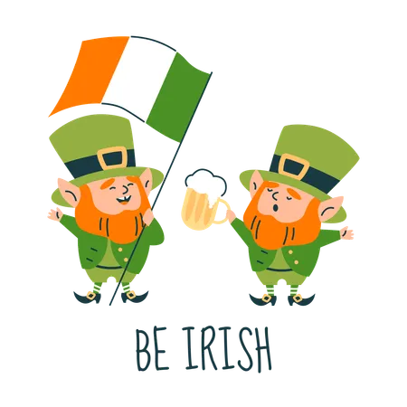 Joyful leprechauns in hat holding flag of Ireland and beer  Illustration