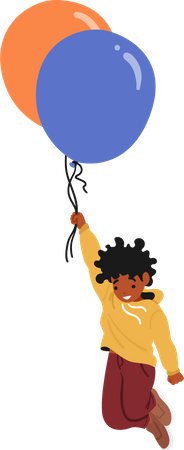 Joyful Little Boy Character Soar Through The Sky with Colorful Balloons  일러스트레이션
