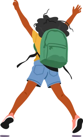Joyful Little Child Character With Backpack On The Back Joyfully Jumping With Hands Up Rear View Their Excitement Evident As They Embark On A New Adventure Cartoon People Vector Illustration Illustration