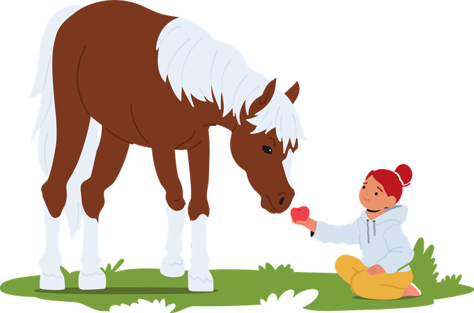 Joyful Little Girl Extends An Apple To A Gentle Horse In A Sunlit Summer Field  일러스트레이션
