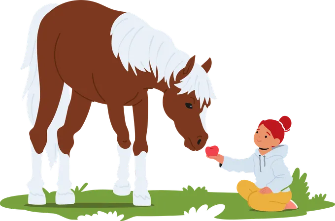 Joyful Little Girl Extends An Apple To A Gentle Horse In A Sunlit Summer Field Their Connection Framed By Vibrant Greenery Creating A Heartwarming Countryside Scene Cartoon Vector Illustration Illustration