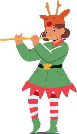 Joyful Little Girl In Festive Christmas Costume of Elf  일러스트레이션