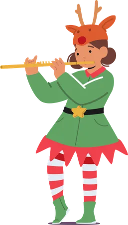 Joyful Little Girl In Festive Christmas Costume Of Elf With Reindeer Antlers Plays A Cheerful Tune On The Flute Spreading Holiday Spirit With Every Melodious Note Cartoon People Vector Illustration Illustration