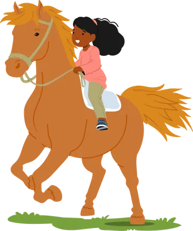 Joyful Little Girl Character Her Laughter Echoing Rides A Spirited Horse Through A Sunlit Summer Field The Vibrant Green Grass Stretching Endlessly Beneath Cartoon People Vector Illustration Illustration