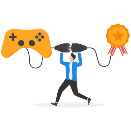 Joyful male gamer running up stair from gaming joystick to achieve target  Illustration