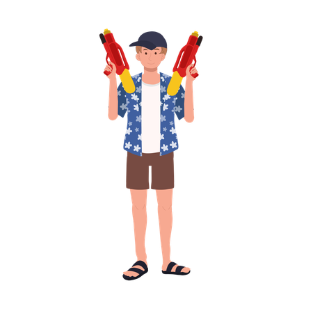 Joyful man Enjoying Songkarn Festival Water Fight  Illustration