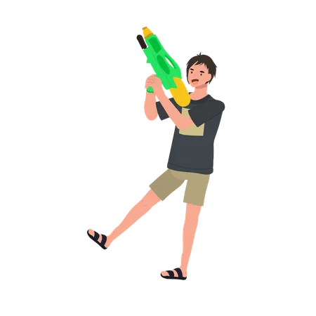 Joyful man Enjoying Songkarn Festival Water Fight  Illustration