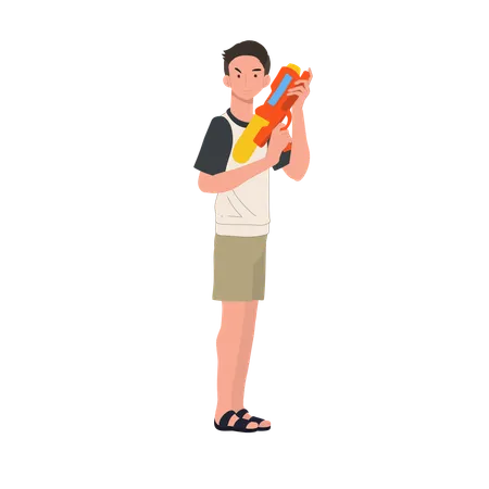 Joyful man Enjoying Songkarn Festival Water Fight  Illustration