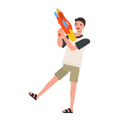 Joyful man Enjoying Songkarn Festival Water Fight  Illustration