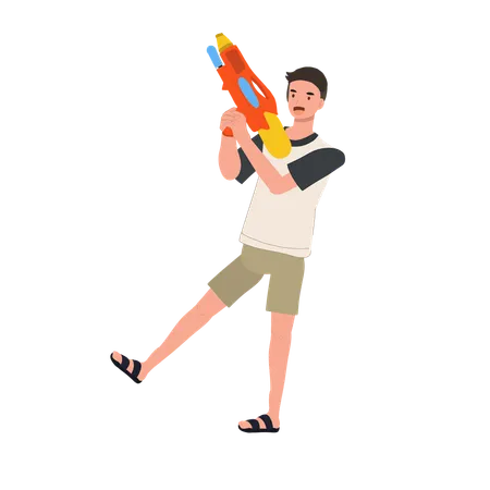 Joyful man Enjoying Songkarn Festival Water Fight  Illustration