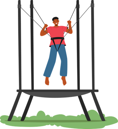 Joyful Man Enjoys Jumping On  Trampoline With  Secure Harness Outdoors  Illustration