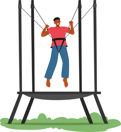 Joyful Man Enjoys Jumping On  Trampoline With  Secure Harness Outdoors  Illustration