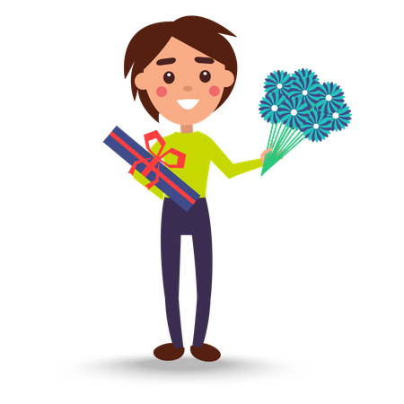 Joyful Man Holding Bouquet of Flowers and Candies Illustration