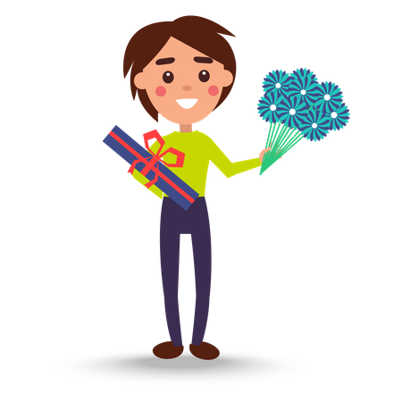 Joyful Man Holding Bouquet of Flowers and Candies  Illustration