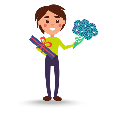 Joyful Man Holding Bouquet of Flowers and Candies  Illustration