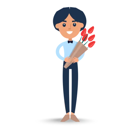 Joyful Man in T-Shirt with Bow-tie Holding Bouquet Illustration