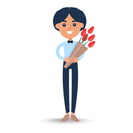 Joyful Man in T-Shirt with Bow-tie Holding Bouquet  Illustration