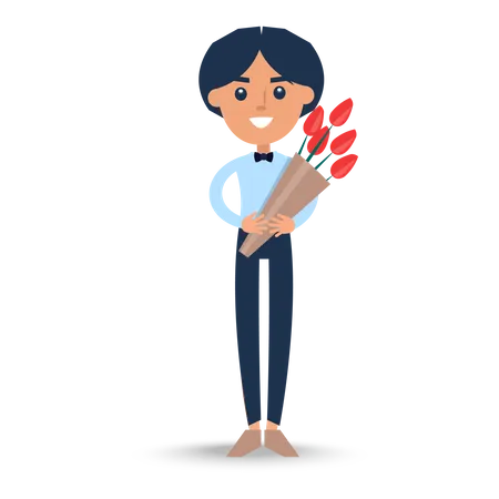 Joyful Man in T-Shirt with Bow-tie Holding Bouquet  Illustration