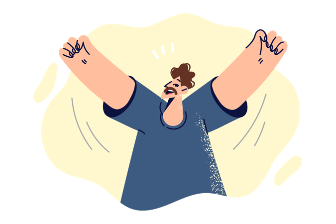 Joyful man raises hands up and shouts with happiness after winning competition or fulfilling dream  イラスト