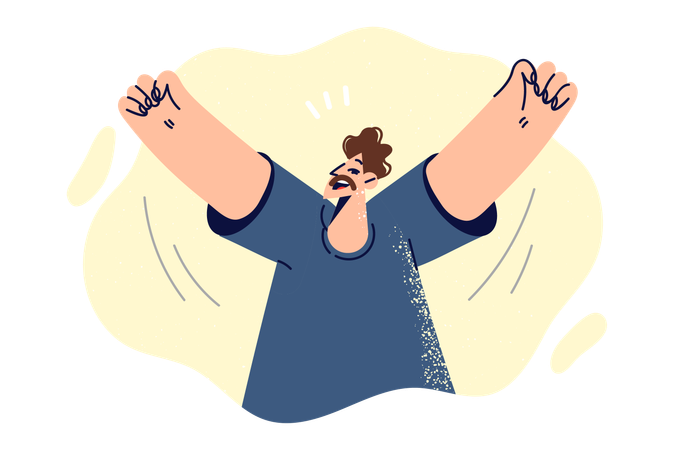 Joyful man raises hands up and shouts with happiness after winning competition or fulfilling dream  Illustration