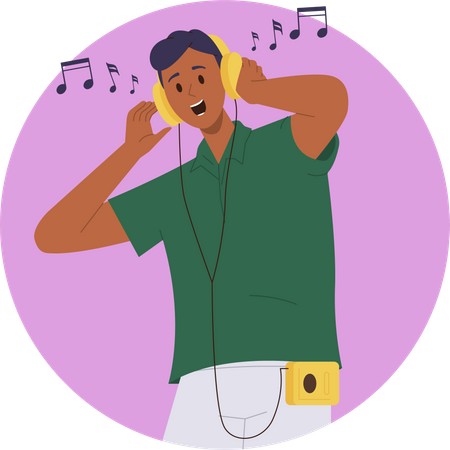 Joyful man wearing headphones listening to music and dancing under favorite melody  イラスト