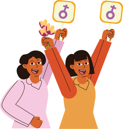 This Vibrant Illustration Captures Two Women Joyfully Holding Signs With Gender Symbols During A Womens Day Celebration Surrounded By Colorful Flowers Representing Diversity And Empowerment イラスト