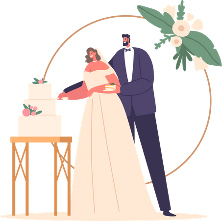 Joyful Moment As Newlywed Characters Share A Cake-cutting Ceremony  Illustration