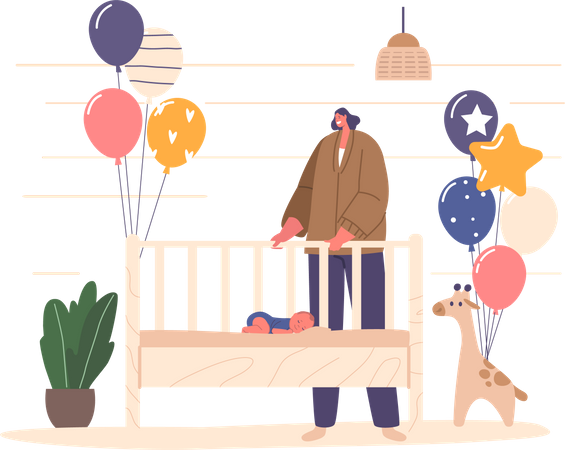 Joyful mother watching her newborn baby sleeping at home in cradle  Illustration