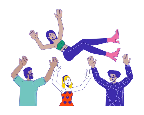 Joyful Multiracial Friends Throwing Hindu Female In Air 2 D Linear Cartoon Characters Diverse Students At Party Isolated Line Vector People White Background Having Fun Color Flat Spot Illustration Illustration