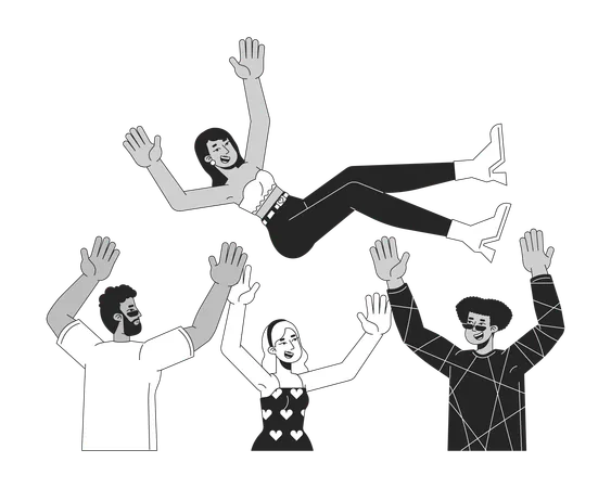 Multiracial Friends Throwing Hindu Female In Air Black And White 2 D Line Cartoon Characters Diverse Students At Party Isolated Vector Outline People Having Fun Monochromatic Flat Spot Illustration Illustration