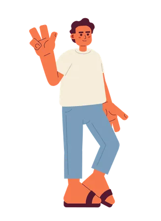 Joyful Muslim Man Semi Flat Color Vector Character Peace Sign Hand Gesture Editable Full Body Person On White Simple Cartoon Spot Illustration For Web Graphic Design Illustration