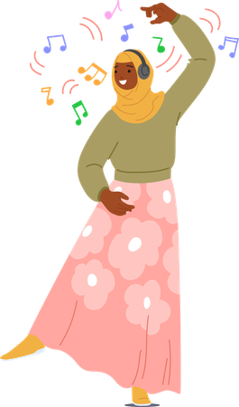 Joyful muslim woman wearing headphones and dancing  Illustration