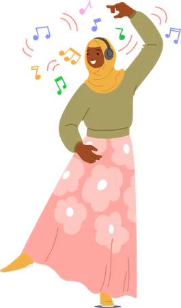 Joyful muslim woman wearing headphones and dancing  Illustration