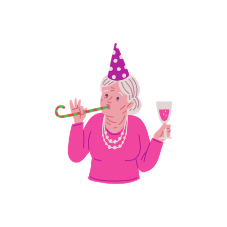 Joyful old lady in cone hat with festive whistle and glass of champagne  Illustration