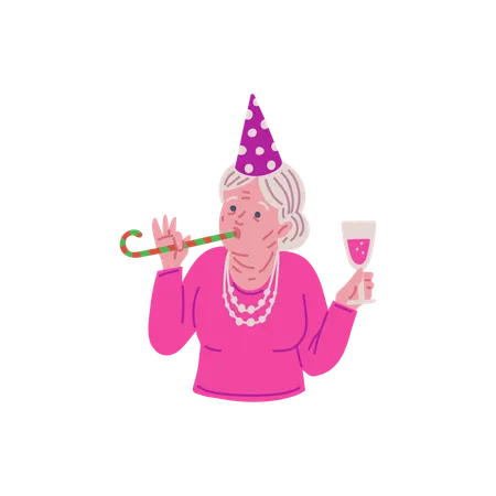 Joyful old lady in cone hat with festive whistle and glass of champagne  Illustration
