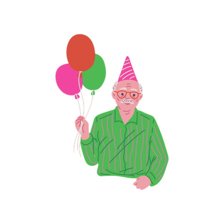 Joyful old man in festive hat with balloon\  Illustration
