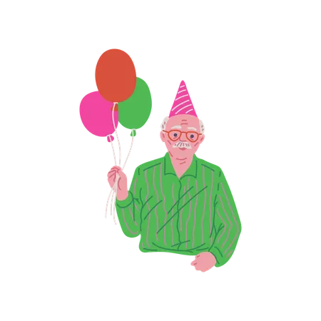 Joyful old man in festive hat with balloon\  Illustration