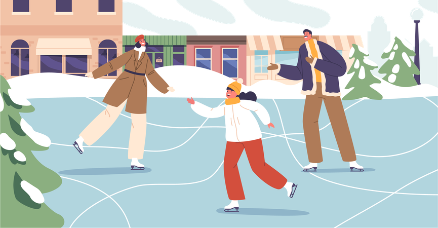 Joyful Parents And Their Little Girl Gracefully Gliding On City Rink  イラスト