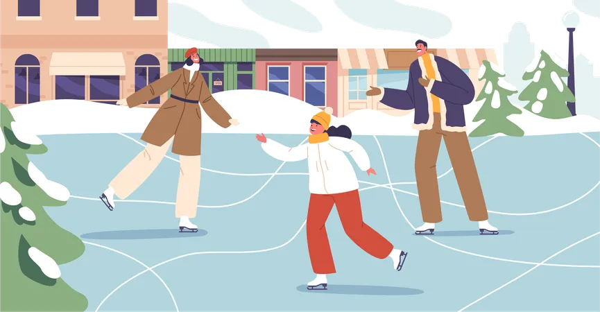 Joyful Parents And Their Little Girl Gracefully Gliding On A City Rink Laughter Echoing Amid Twinkling City Lights Creating Heartwarming Memories On A Chilly Evening Cartoon Vector Illustration Illustration