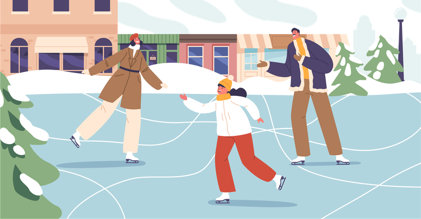 Joyful Parents And Their Little Girl Gracefully Gliding On City Rink  Illustration