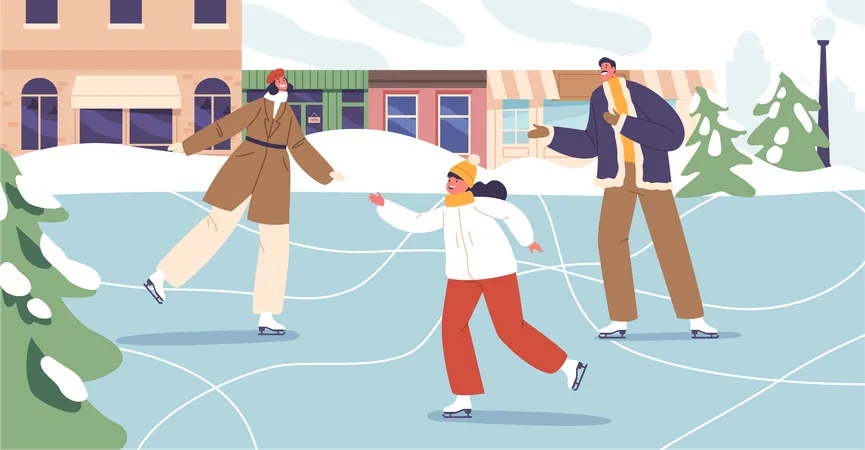 Joyful Parents And Their Little Girl Gracefully Gliding On City Rink  Illustration