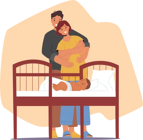 Joyful Parents Gazing At Their Peacefully Sleeping Baby In The Cot  Illustration