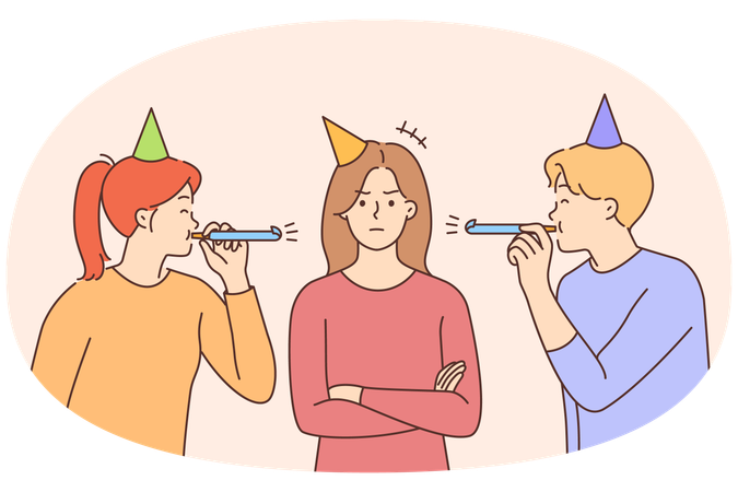 Joyful people blow in whistles congratulate unhappy girl with birthday  Illustration