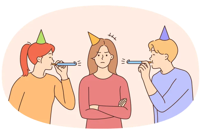 Joyful people blow in whistles congratulate unhappy girl with birthday  Illustration