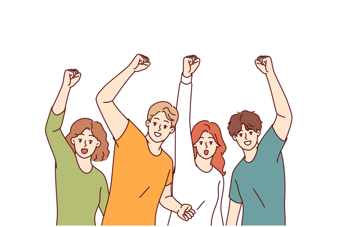 Joyful people celebrates victory by raising hands and shouting joyfully after achieving goals  Illustration