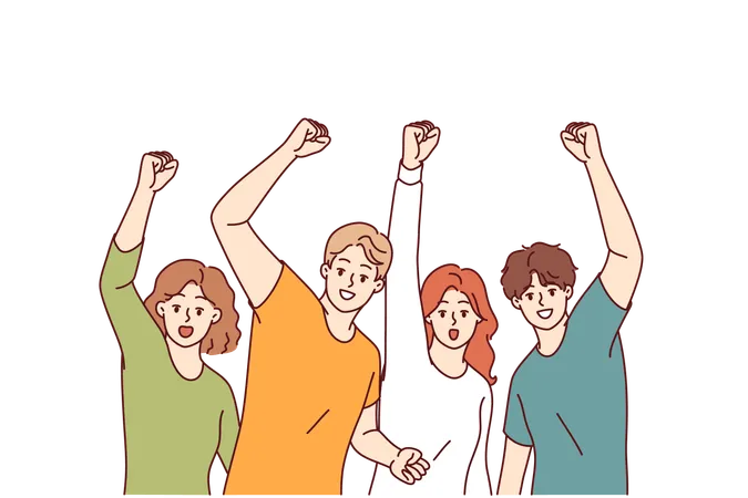 Joyful people celebrates victory by raising hands and shouting joyfully after achieving goals  Illustration