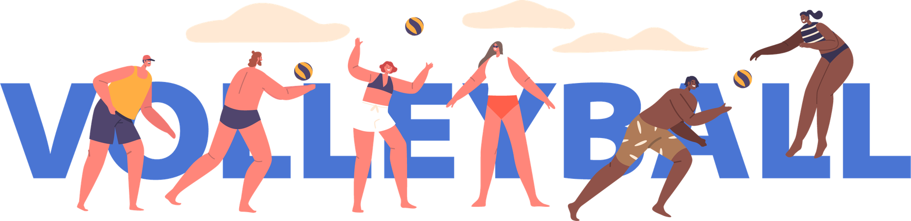 Joyful People Characters Dive And Spike On The Sandy Court  Illustration
