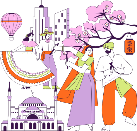 Joyful People in traditional clothes.  Illustration