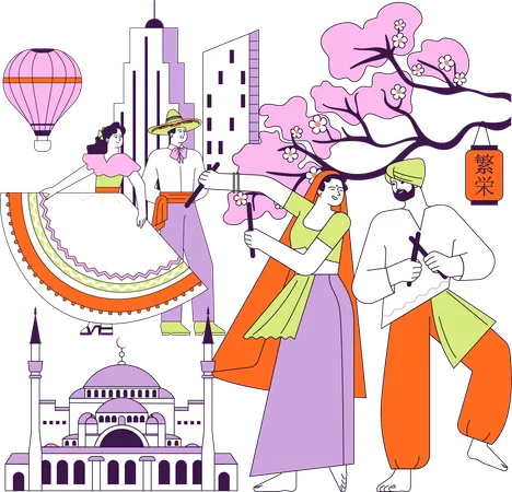 Joyful People in traditional clothes.  Illustration